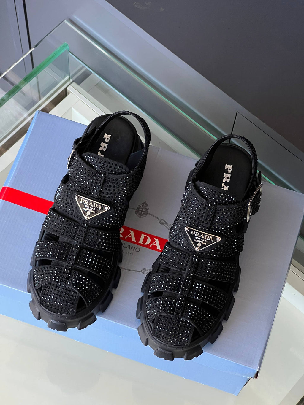 Prada Monolith Crystal Sandals