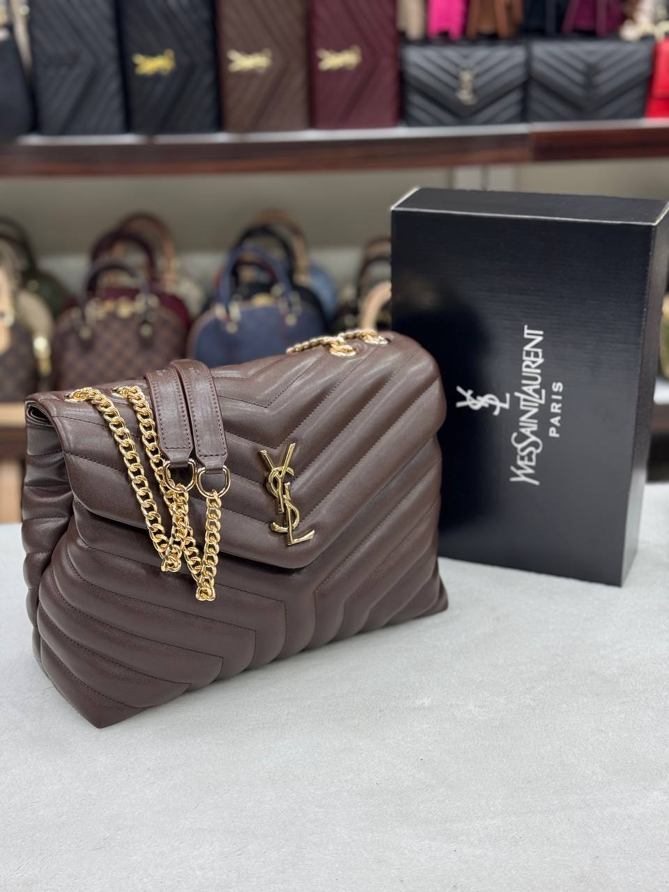 Saint Laurent Loulou Puffer Chain Bag Dark Brown