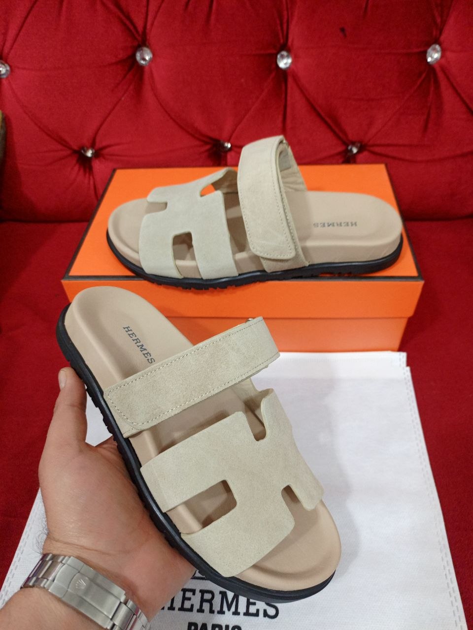 Hermès Chypre Suede Sandals Beige