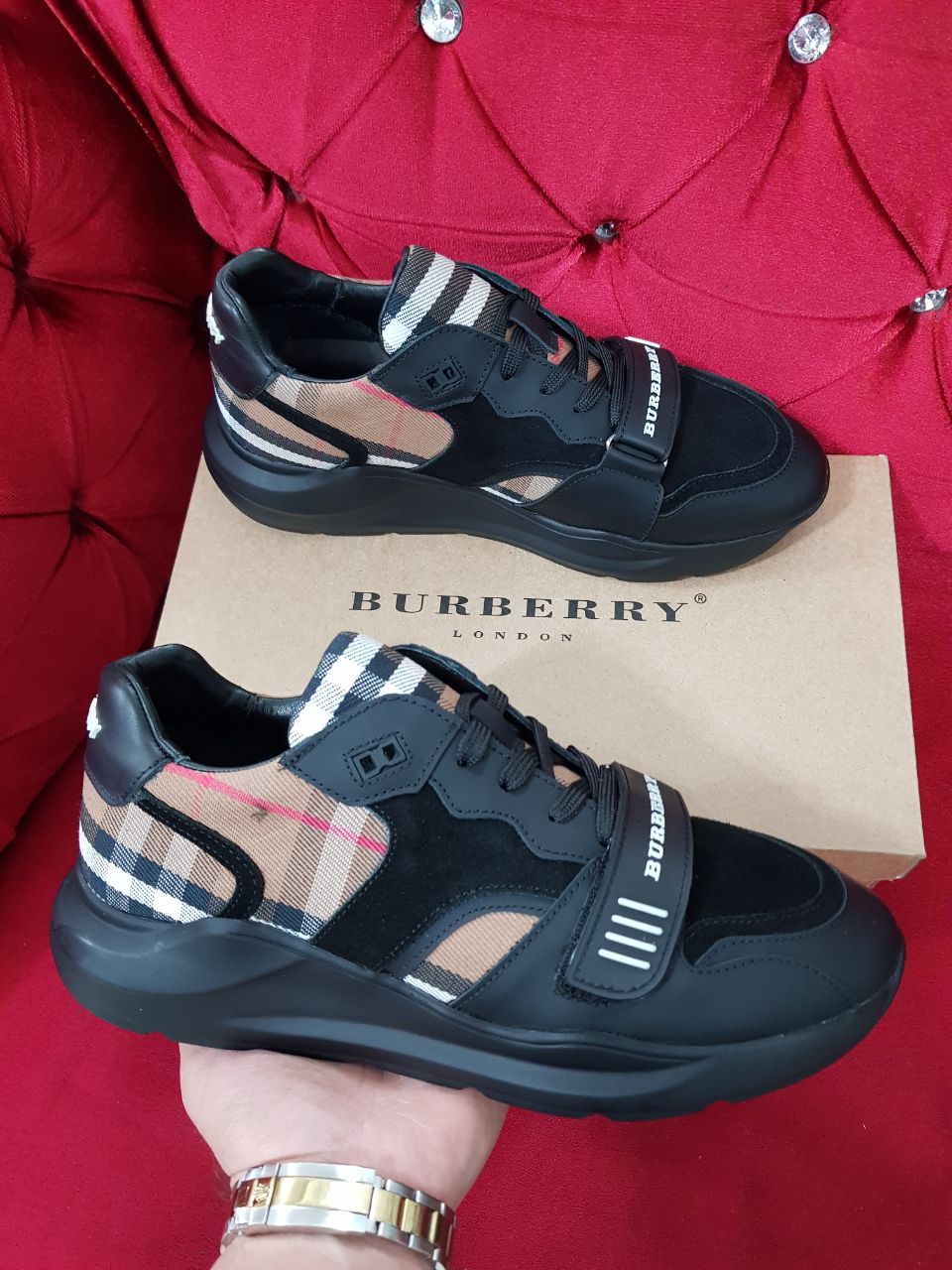 Burberry Check Panel Leather Sneakers Black