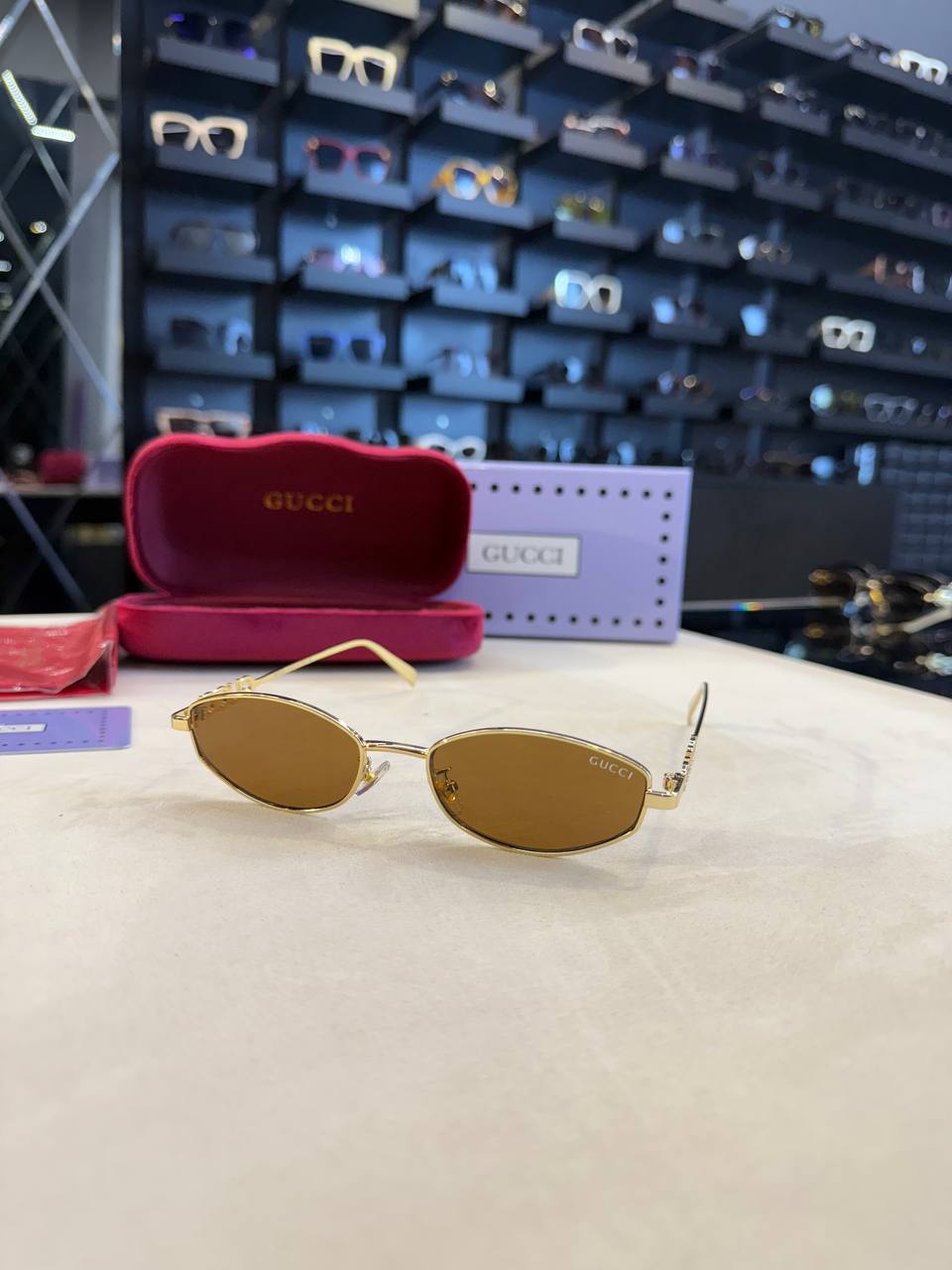 Gucci Slim Oval Sunglasses Gold Frame Brown Lenses