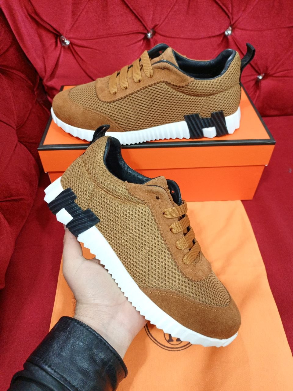 Hermès Bouncing Sneakers Brown Mesh Suede