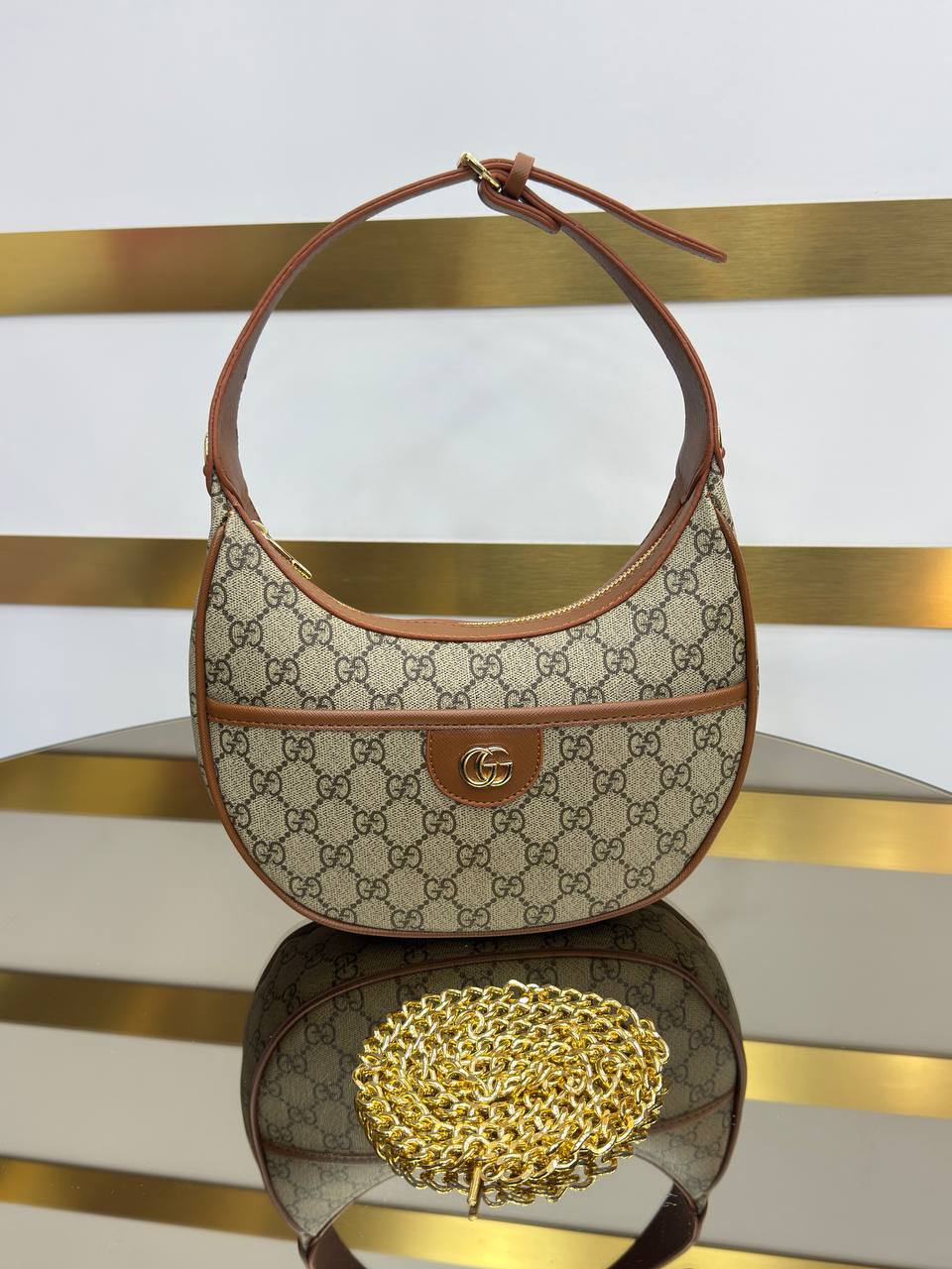 Gucci GG Supreme Half Moon Shoulder Bag Brown