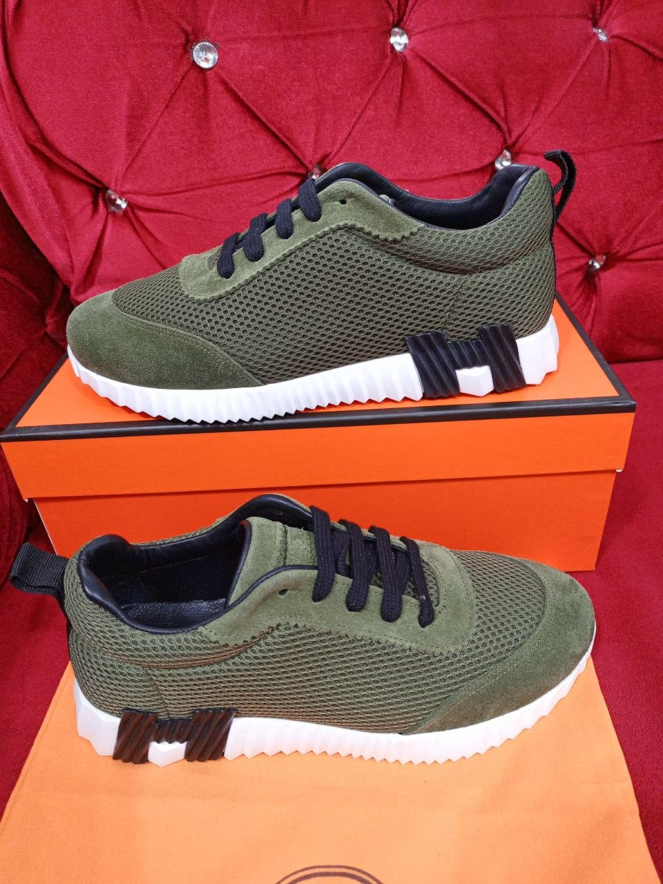 Hermès Bouncing Sneakers Khaki Mesh Suede