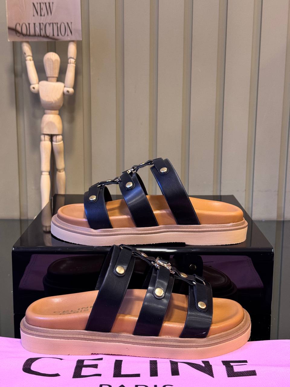 CELINE Leather Slide Sandals Black