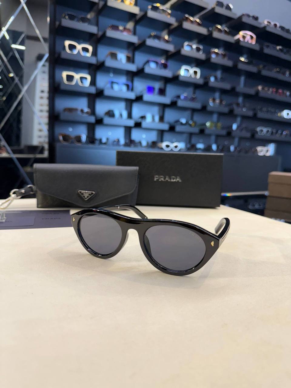 Prada Round Sunglasses Black Frame Grey Lenses