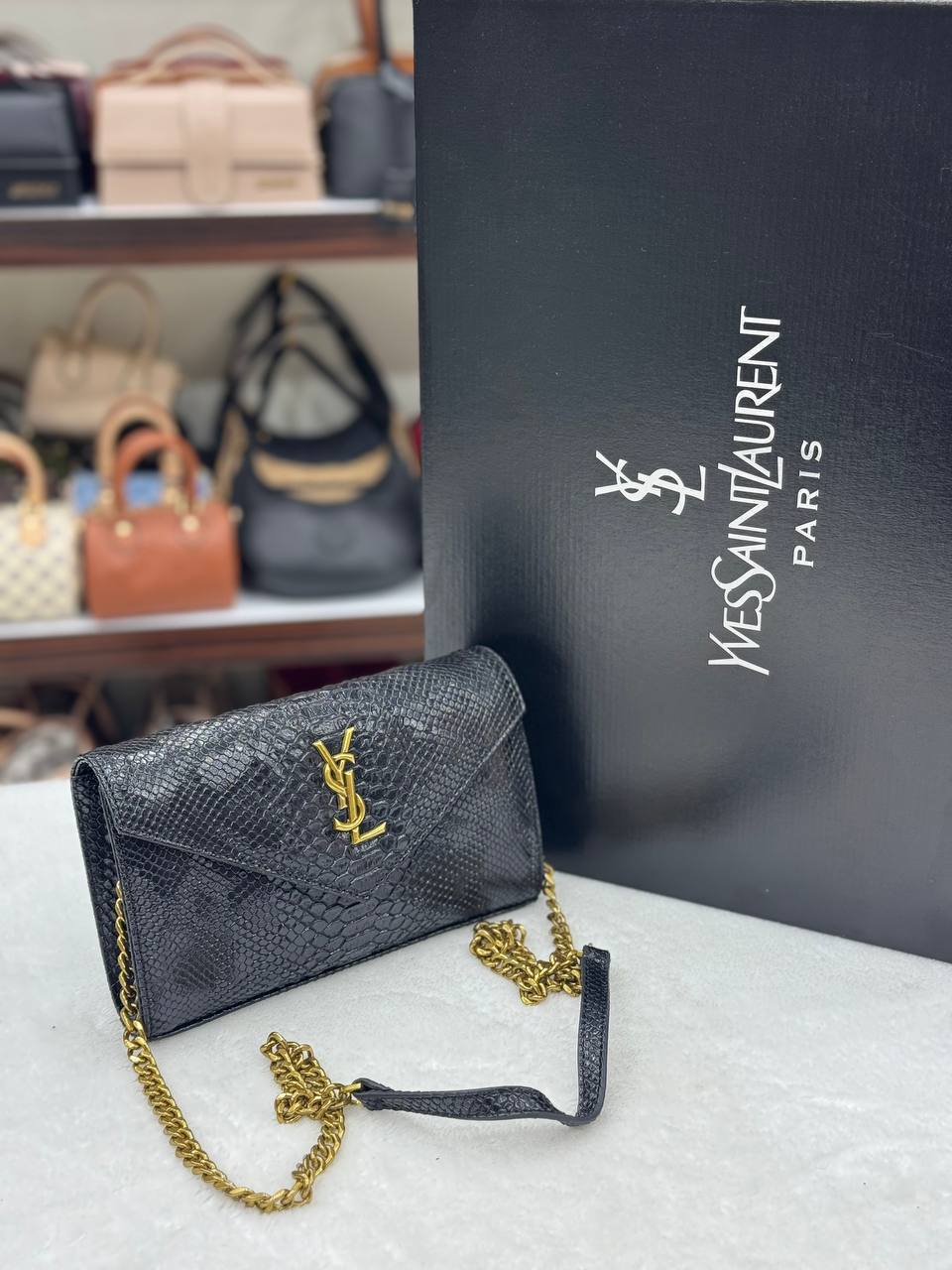 Saint Laurent Monogram Envelope Chain Wallet Black Croco