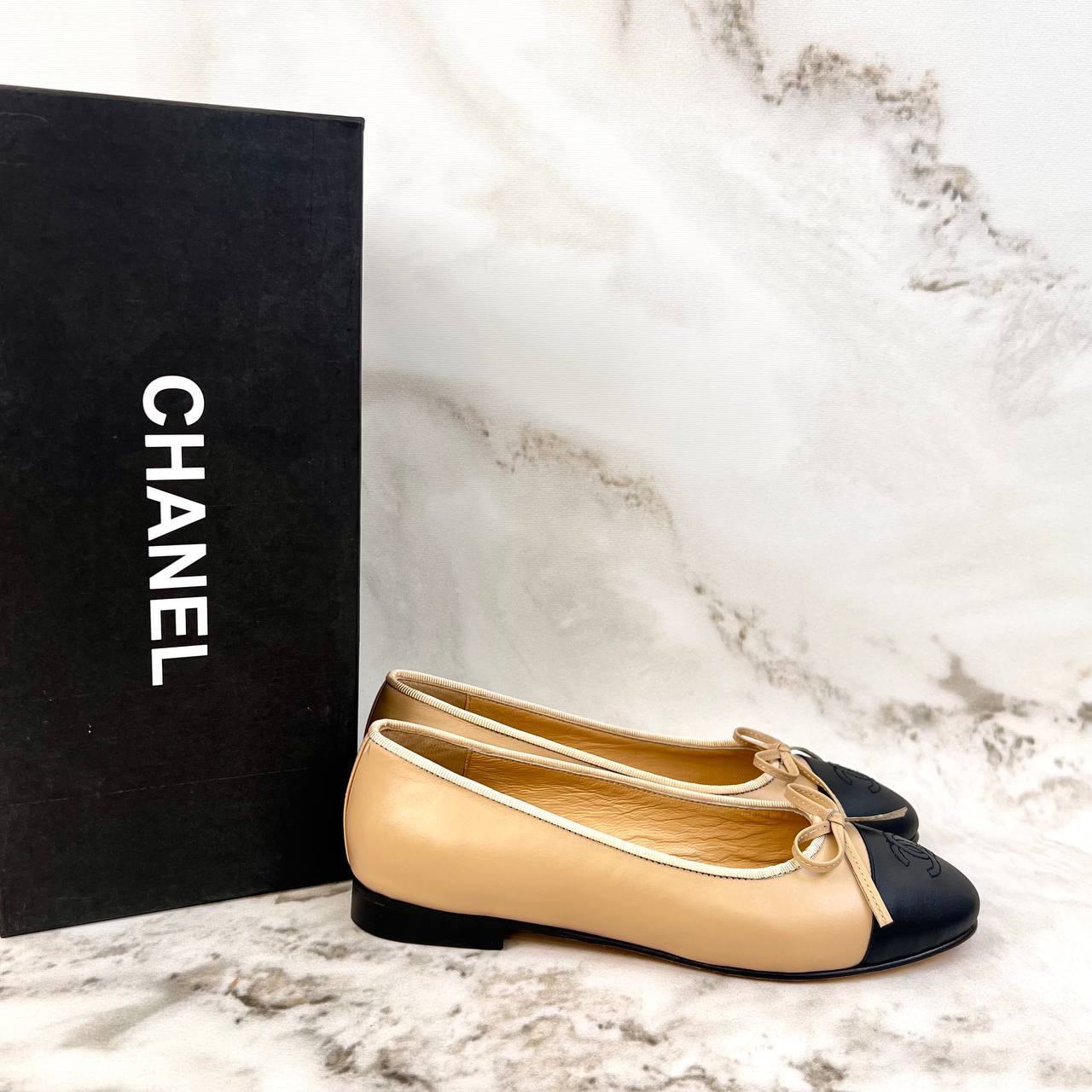 Chanel Ballerina Flats Beige Black Cap Toe
